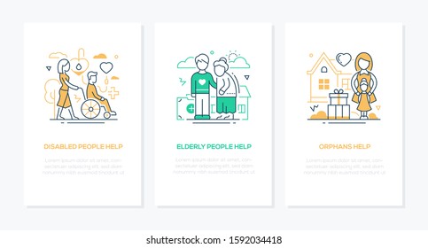 Volunteering concept - line design style banners set with place for text. Disabled and elderly people, orphans help icons. Volunteers walking with person in a wheelchair and senior, supporting a child