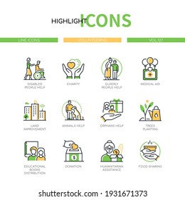 Volunteering Concept - Line Design Style Icons Set. Disabled, Elderly People, Animals, Orphans Help. Charity, Medical Aid, Land Improvement, Trees Planting, Humanitarian Assistance, Food Sharing Ideas