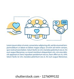 Volunteering concept linear illustration. Charitable foundation. Volunteer organization. Article, brochure, magazine page layout. Thin line icons with text boxes. Vector isolated outline drawing
