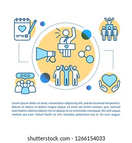 Volunteering concept linear illustration. Charity. Humanitarian help. Charitable organization. Article, brochure, magazine page layout. Thin line icons with text boxes. Vector isolated outline drawing