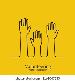 Volunteering concept minimal black line design. Raised hands up. Volunteering charity. Template poster banner. Vector illustration flat style. Isolated on background.