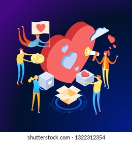 Volunteering concept. A team of people shares hope and helps charity. Volunteers support elder persons, poor and homeless. 3d vector isometric illustration.
