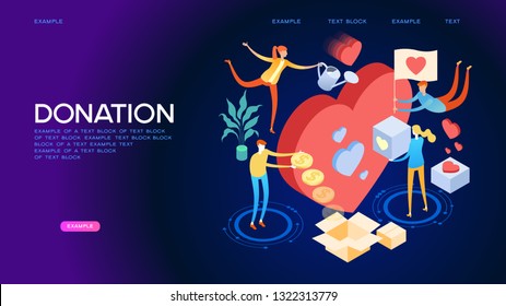 Volunteering concept. A team of people shares hope and helps charity. Volunteers support elder persons, poor and homeless. 3d vector isometric illustration.