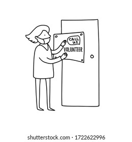 Ilustración vectorial de concepto de voluntariado. Escena con una mujer colgando el anuncio sobre la ayuda Llámese a EE.UU. durante la pandemia del virus de la corona. Cuidar de las personas mayores imagen de estilo caricatura.