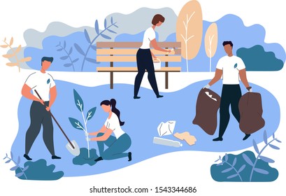 Volunteering concept of vector illustration. Volunteer organization cleaning garbage on lawn of city park.
