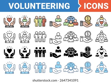 Conceito de voluntariado para o conjunto de ícone de assistente de ajuda voluntária com coleção de vários estilos.
