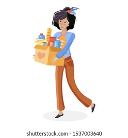 Volunteering and donations. Volunteer with food donation. Social care and charity concept. Young woman holding box with grocery products.Charity organization members.Flat vector illustration.