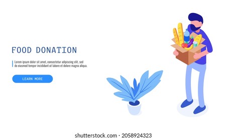 Volunteering and donations. Volunteer with food donation. Man holding box with grocery products. Isometric vector web banner.
