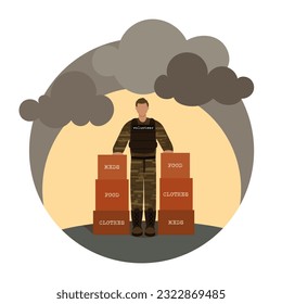 Volunteering during war, military concept. Young man in military uniform volunteer and save lives. Helping people in difficult situations by goods and food. Vector flat illustration