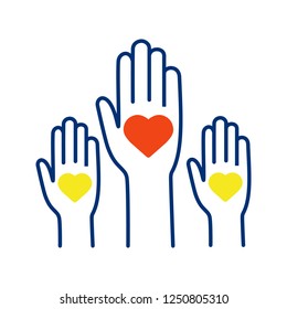 Volunteering experience color icon. Volunteers. Helping hands. Voting. Charity. Unity in diversity. Isolated vector illustration