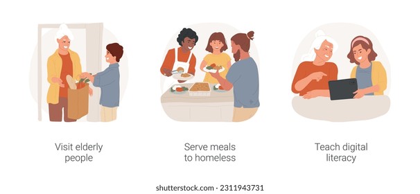 Volunteering experience isolated cartoon vector illustration set. Visit elderly people, teen deliver groceries to senior person, serve meals to homeless, teach digital literacy vector cartoon.