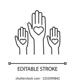 Volunteering experience linear icon. Thin line illustration. Volunteers. Helping hands. Voting. Charity. Unity in diversity. Contour symbol. Vector isolated outline drawing. Editable stroke