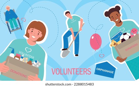 Volunteering flat collage with happy elderly man people collecting donations working in garden vector illustration