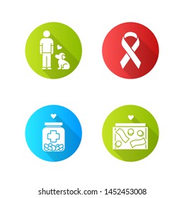 Volunteering flat design long shadow glyph icons set.  Humanitarian assistance. Altruistic activity. Animals welfare, donation box, medical aid, awareness ribbon. Vector silhouette illustration