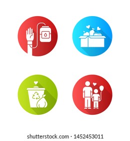 Volunteering flat design long shadow glyph icons set. Altruistic activity. Blood and food donation, orphans care, garbage disposal. Vector silhouette illustration