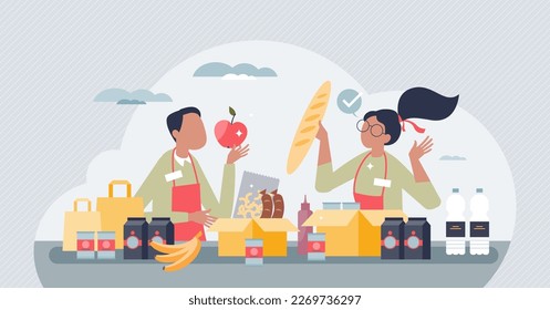 Volunteering at food bank and give groceries to poor tiny person concept. Homeless community support with cans, vegetables, bread and water supplies vector illustration. Support and care for hunger.