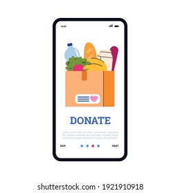 Aplicación móvil de voluntariado y donación de comida en la pantalla del teléfono. Caja de cartón llena de productos para apoyo social y caridad para pobres y personas sin hogar. Ilustración vectorial.