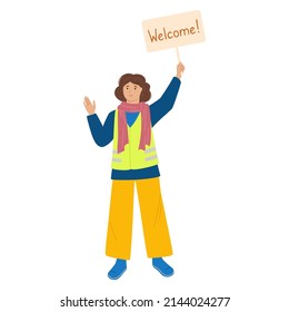 Volunteering girl welcome invitation get lodging for night concept. Volunteer charity young student altruistic. Helping poor refugees for migrant Ukraine. Philanthropy kindness outline cartoon vector