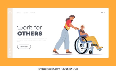 Volunteering Healthcare, Medical Aid Landing Page Template. Volunteer Character Help Old People in Nursing Home. Young Social Worker Care Sick Senior Woman on Wheelchair. Cartoon Vector Illustration