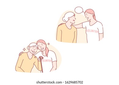 Volunteering, help, ageing, sympathy, assistance, concept. Young volunteer and aged woman talking together. Generation communication support. Lonely ageing help. Elderly humanism simple flat vector.