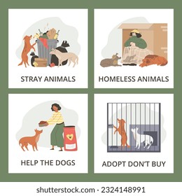 Ayuda voluntaria y cuidado de carteles o afiches de animales callejeros sin hogar, ilustración vectorial plana. Pancartas con gente alimentando y tratando a perros callejeros, animales refugiados.