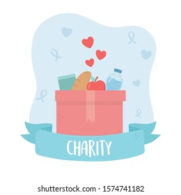 volunteering, help charity cardboard box with food bottle love vector illustration