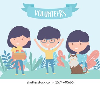 volunteering, help charity people donation protection animal vector illustration