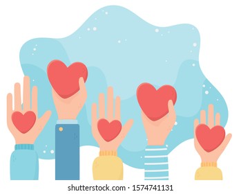 volunteering, help charity raised hands with hearts love vector illustration volunteering, help charity raised hands with hearts love vector illustration