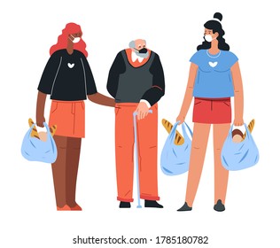Volunteering and helping senior people to carry heavy bags from grocery store. Women and old man with walking stick. Grandfather and granddaughters in coronavirus outbreak, vector in flat style