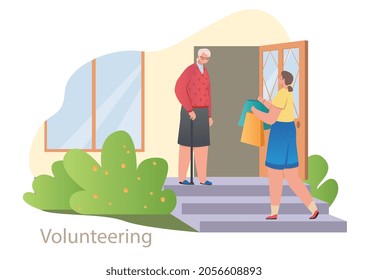 Volunteering and helping seniors concept. Young woman bought groceries and brought them to elderly grandmother. Charity and kindness. Cartoon flat vector illustration isolated on white background