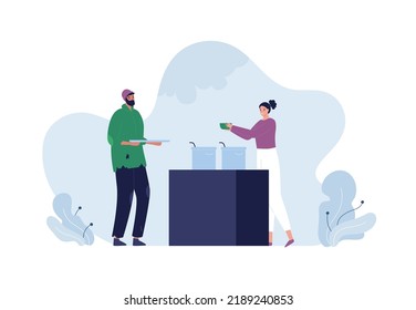 Volunteering and humanitarian aid for homeless concept. Vector flat people character illustration. Male poor man and female volunteer give food from rack.