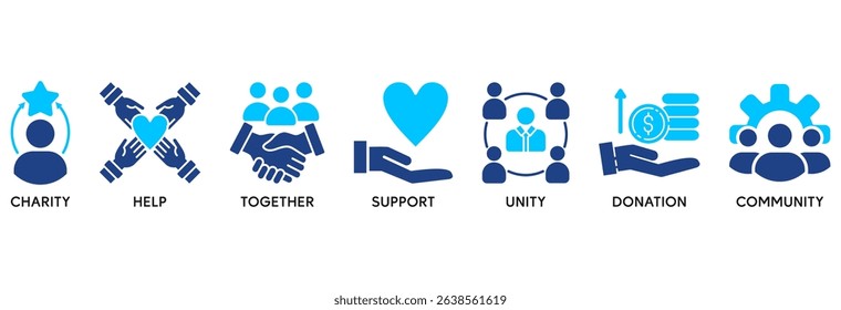 Volunteering icon set vector illustration concept relate to volunteer aid assistant with icon of charity, help, together, support, unity, donation, and community