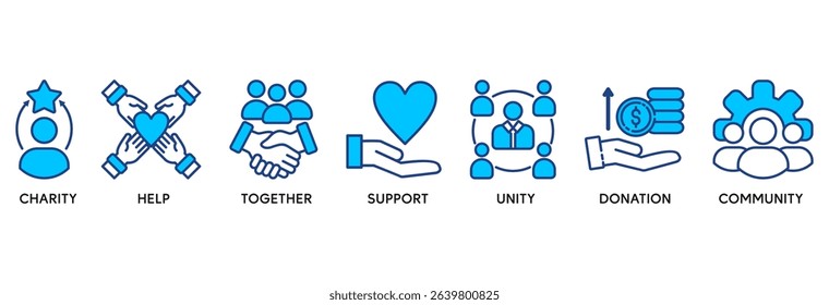 Volunteering icon set vector illustration concept relate to volunteer aid assistant with icon of charity, help, together, support, unity, donation, and community
