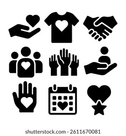 Volunteering icons set Black volunteer and charity icon set featuring hands holding hearts, raised hands, heart on calendar, people with heart symbols, handshake, and support symbols