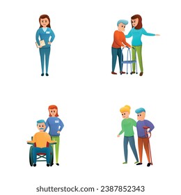 Volunteering icons set cartoon vector. Man and woman volunteer helping old man. Support and assistance