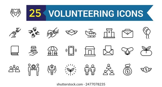 Volunteering icons set. Outline set of volunteering icons for ui design. Outline icon collection. Editable stroke.