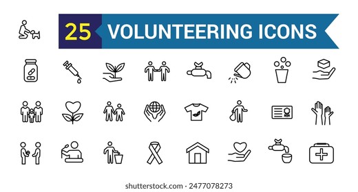 Volunteering icons set. Outline set of volunteering icons for ui design. Outline icon collection. Editable stroke.