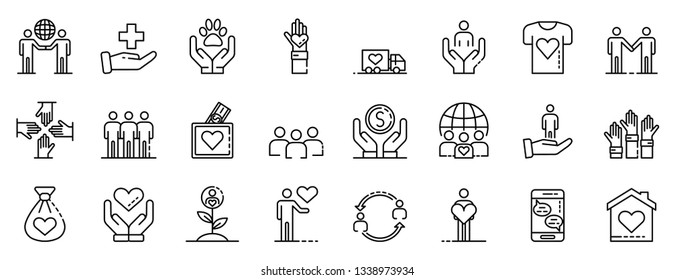 Volunteering icons set. Outline set of volunteering vector icons for web design isolated on white background svg