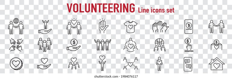 Volunteering icons set. Outline set of volunteering vector icons for web design isolated on white background