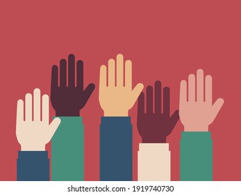 Volunteering Illustration. Different Hands Of Diferent Ethnicies People Raising Hands Up. Isolated Graphic On A Rolor Background. Vector.