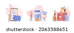 Volunteering illustration set. Characters donating and saving money. Volunteers putting coins in donation box and savings jar. Financial support and saving concept. Vector illustration.