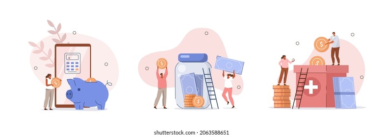 Volunteering illustration set. Characters donating and saving money. Volunteers putting coins in donation box and savings jar. Financial support and saving concept. Vector illustration.