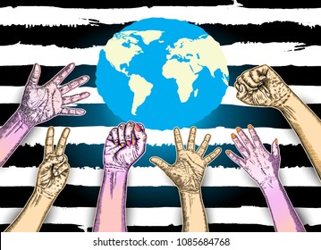 Volunteering ink line concept. Image of hands up with space for text. Charity, volunteering, help, care presentation. Vector.