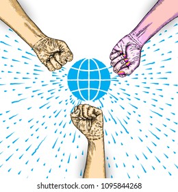 Volunteering ink line concept. Image of hands up with space for text. Charity, volunteering, help, care presentation. Vector.