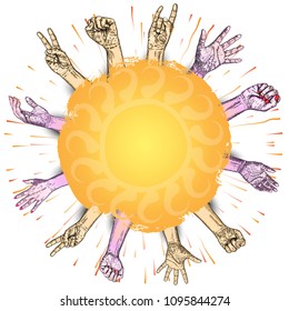 Volunteering ink line concept. Image of hands up with space for text. Charity, volunteering, help, care presentation. Vector.