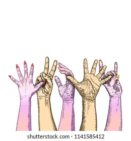 Volunteering ink line concept. Image of hands up with space for text. Charity, volunteering, help, care presentation. Vector.