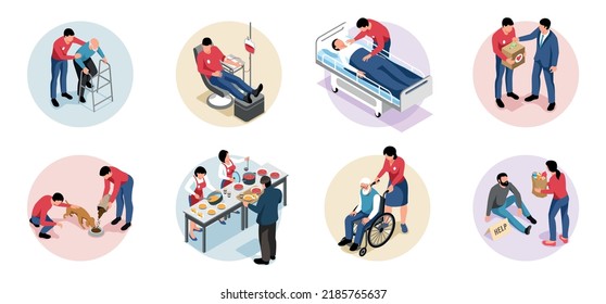 Volunteering Isometric Set Of Compositions With People Helping Animals Disabled People Feeding Needy Donating Blood 3d Isolated Vector Illustration