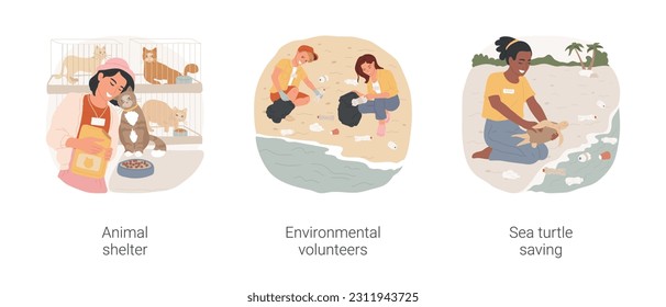 Volunteering job isolated cartoon vector illustration set. Teenager helping in animal shelter, environmental volunteer, trash picking, save sea turtle, wildlife conservation project vector cartoon.