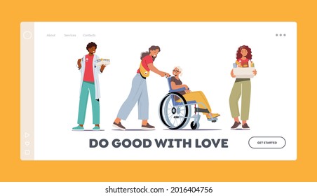 Volunteering Landing Page Template. Characters Help Disabled Seniors, Feeding Homeless Dogs, Delivery Grocery for Helpless People during Pandemic. Volunteer Charity. Cartoon Vector Illustration