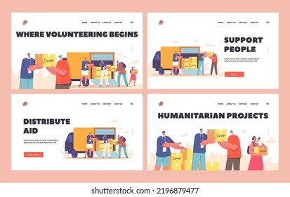Volunteering Landing Page Template Set. Volunteers Giving Humanitarian Help Boxes to Refugee Characters. Governmental Help to People in Need, Donation, Material Assistance. Cartoon Vector Illustration